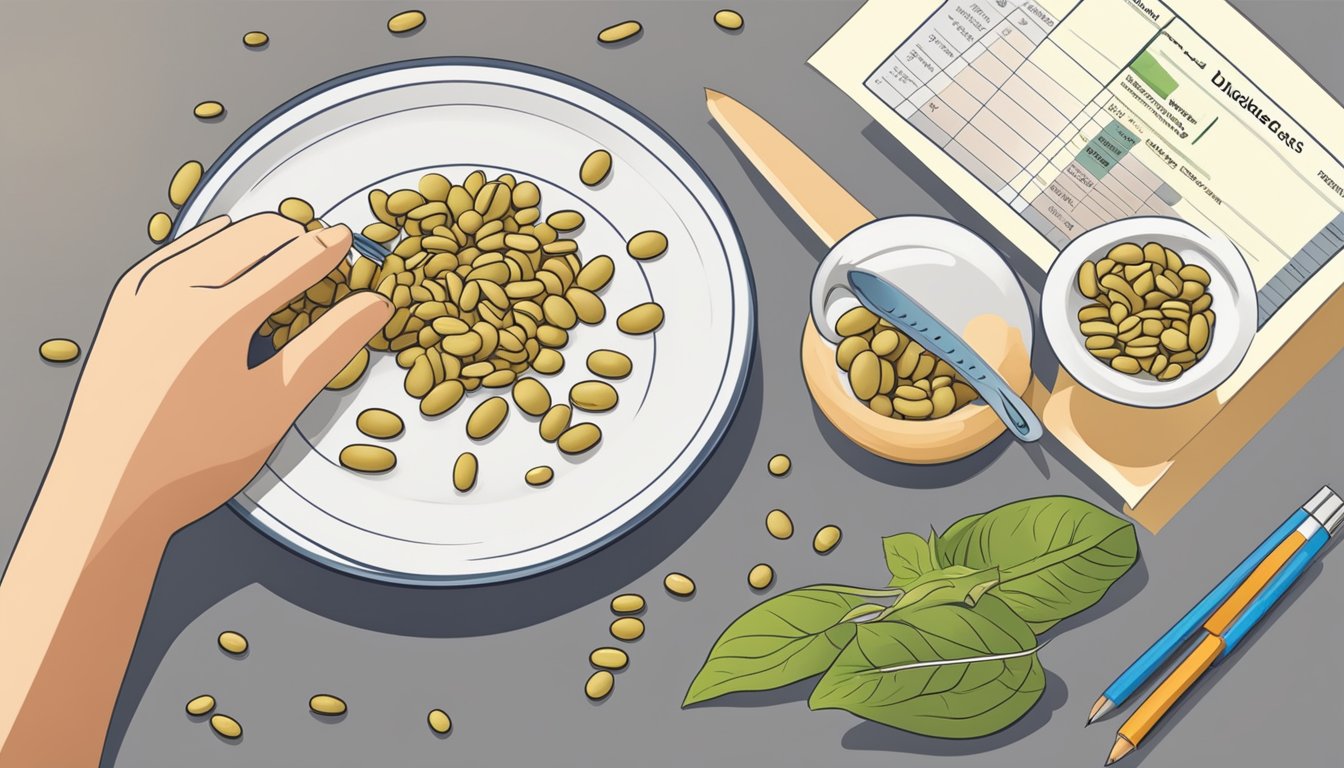 A plate of moth beans next to a glycemic index chart, with a diabetic person studying the benefits and risks