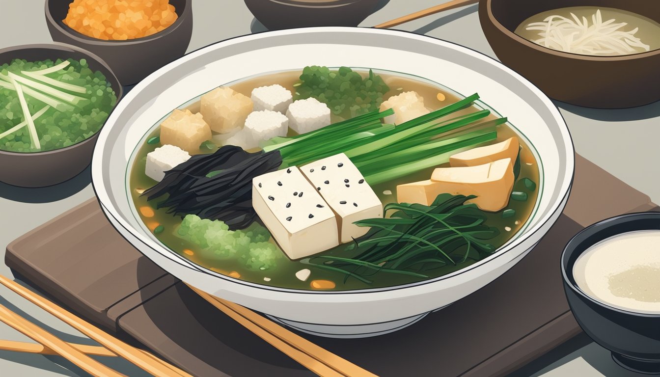 A bowl of miso soup surrounded by traditional Japanese ingredients like tofu, seaweed, and green onions, with a steaming pot and chopsticks nearby