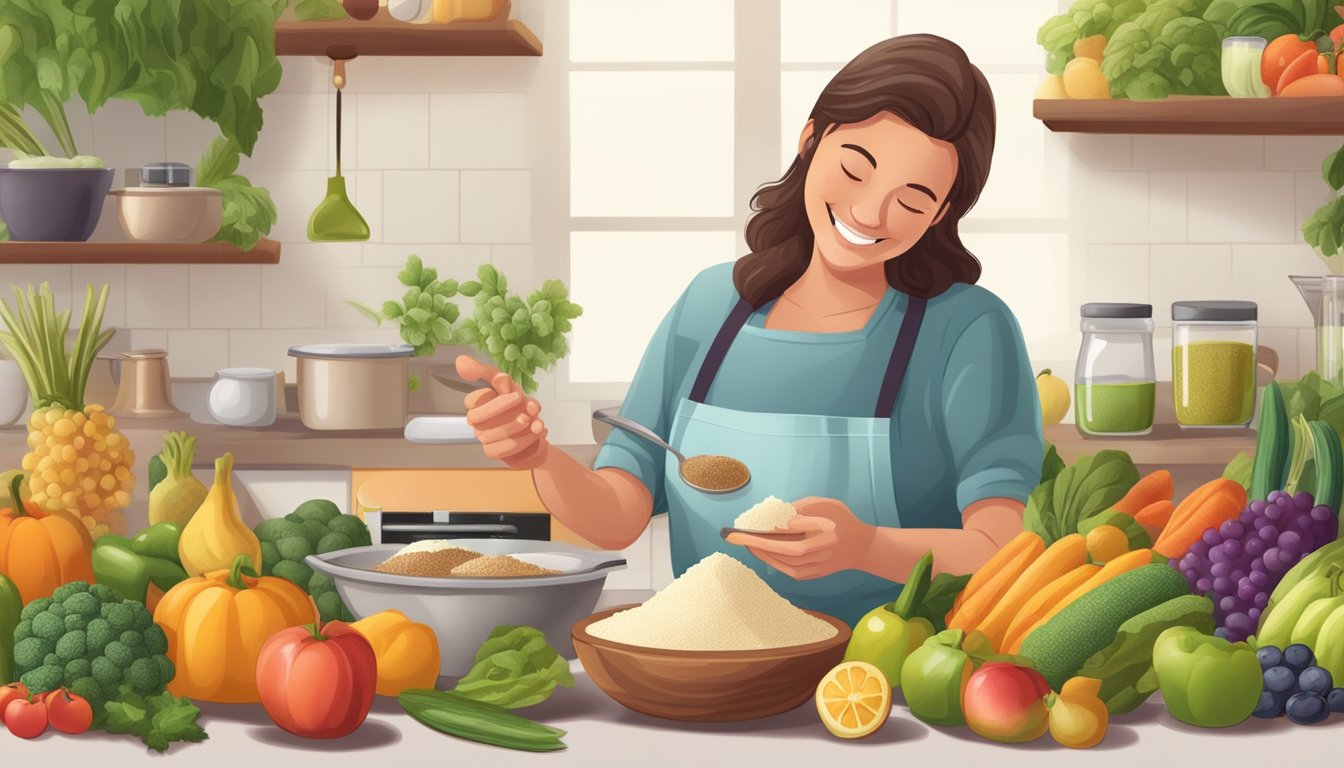 A diabetic person happily using muscovado sugar in a recipe, surrounded by fruits and vegetables