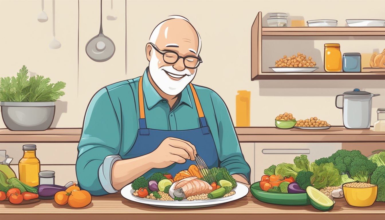 A diabetic person happily preparing a colorful plate of monkfish with a variety of fresh vegetables and whole grains