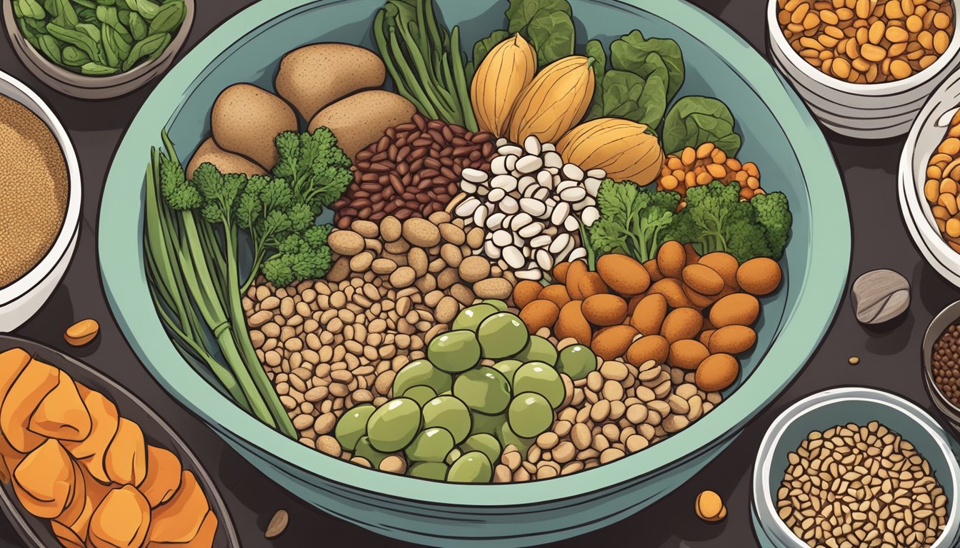 A bowl of cooked moth beans surrounded by various diabetic-friendly foods like vegetables, lean protein, and whole grains