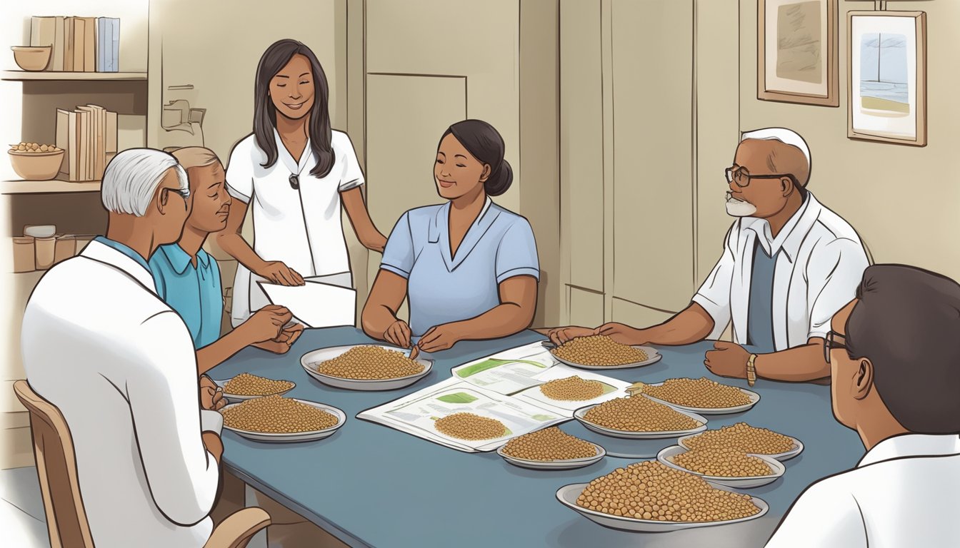 A dietician presenting a chart of moth beans to a group of diabetic patients, discussing benefits and risks