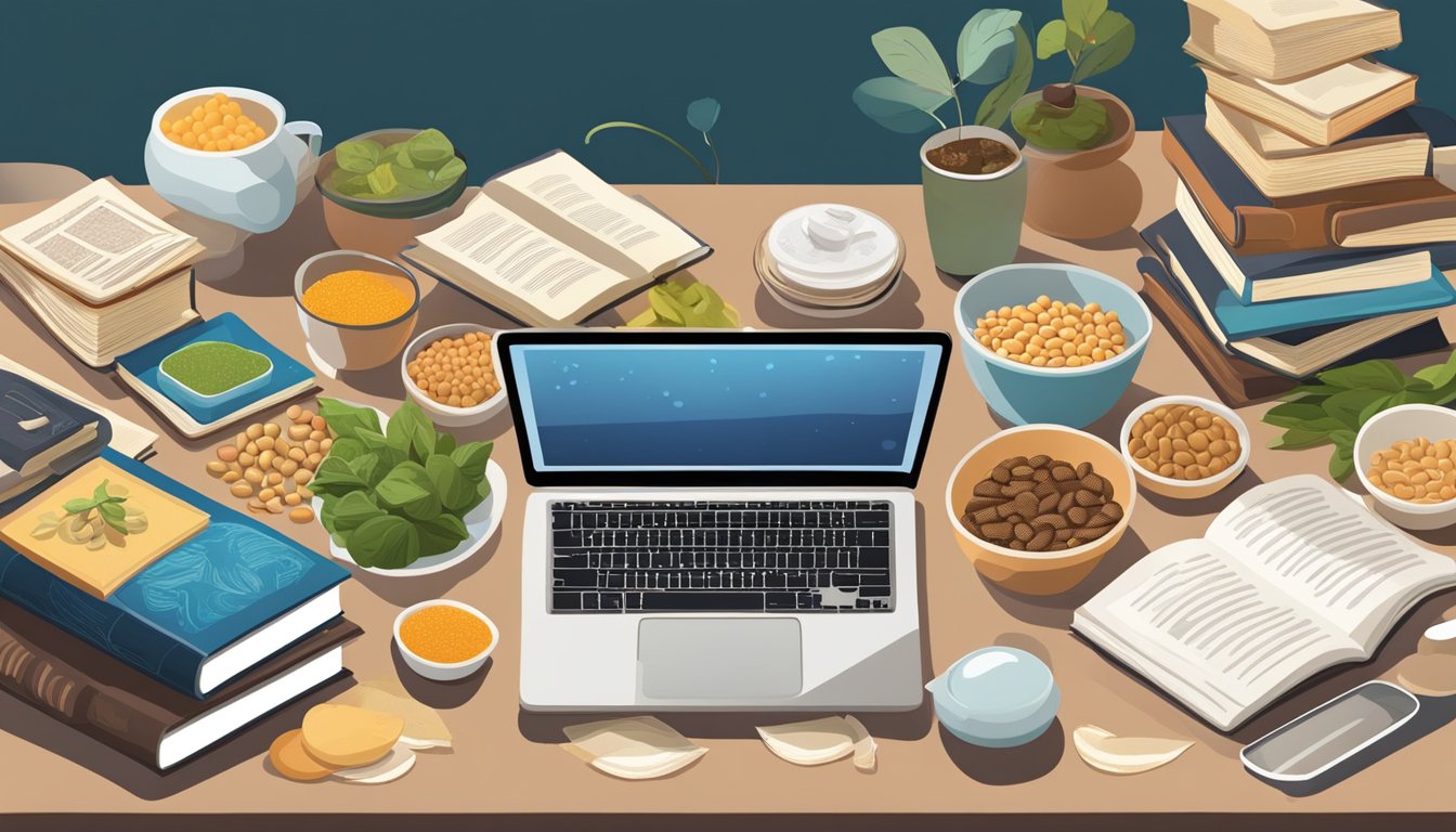 A diabetic person researching moth beans, surrounded by open books, a laptop, and various food items on a table