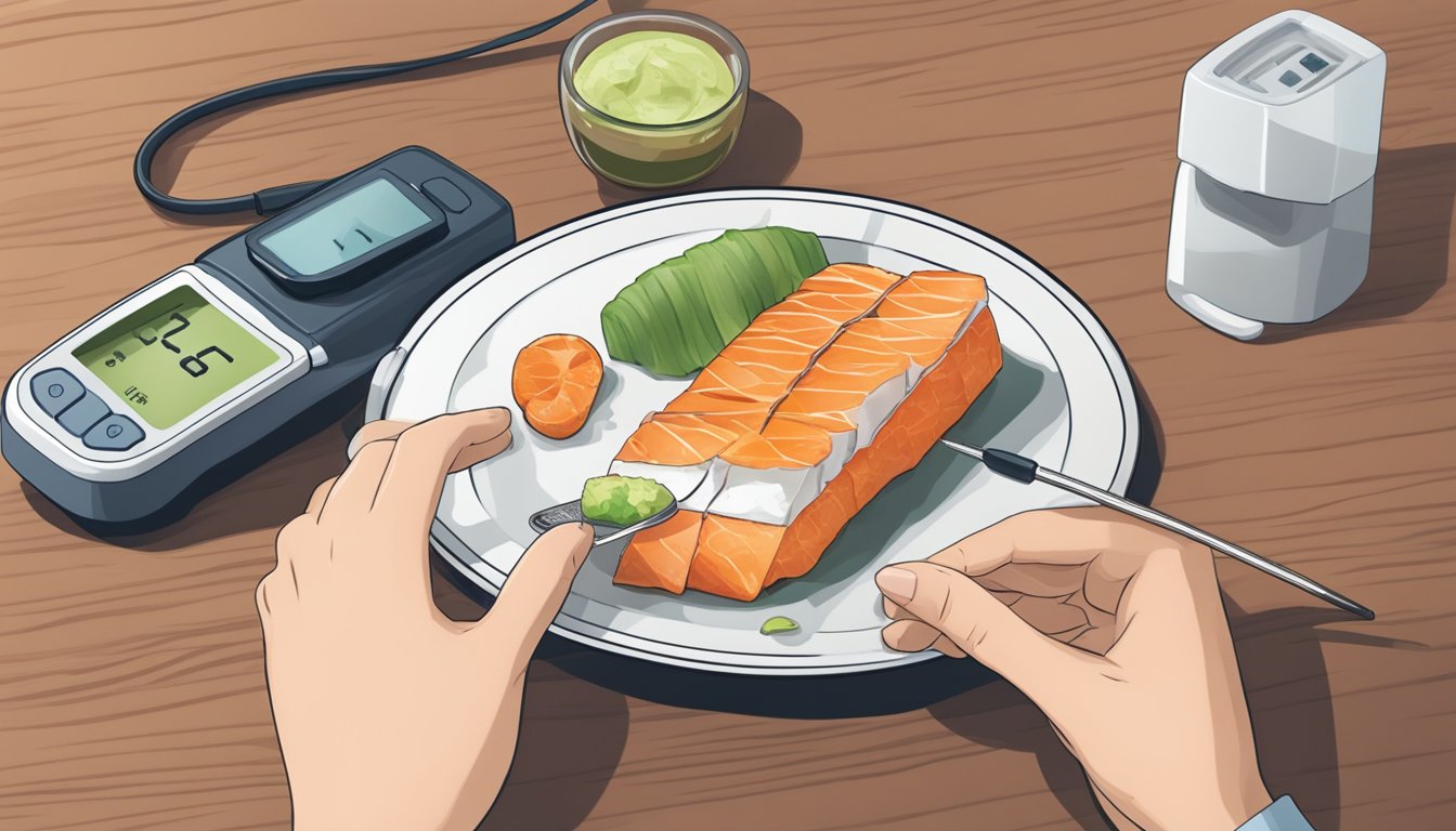 A diabetic person enjoying a plate of narezushi with a blood sugar monitor nearby showing stable levels