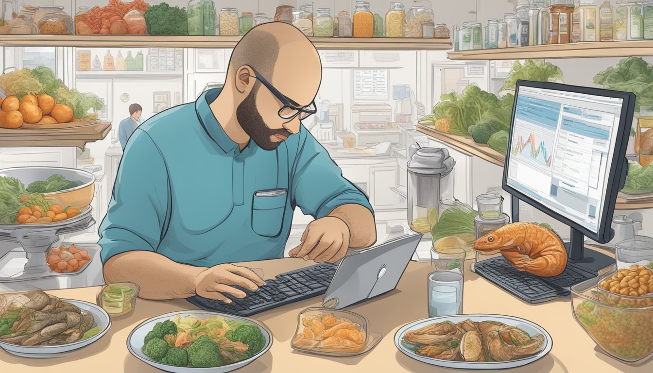 A person with diabetes researching monkfish while surrounded by various food options and a computer displaying dietary information