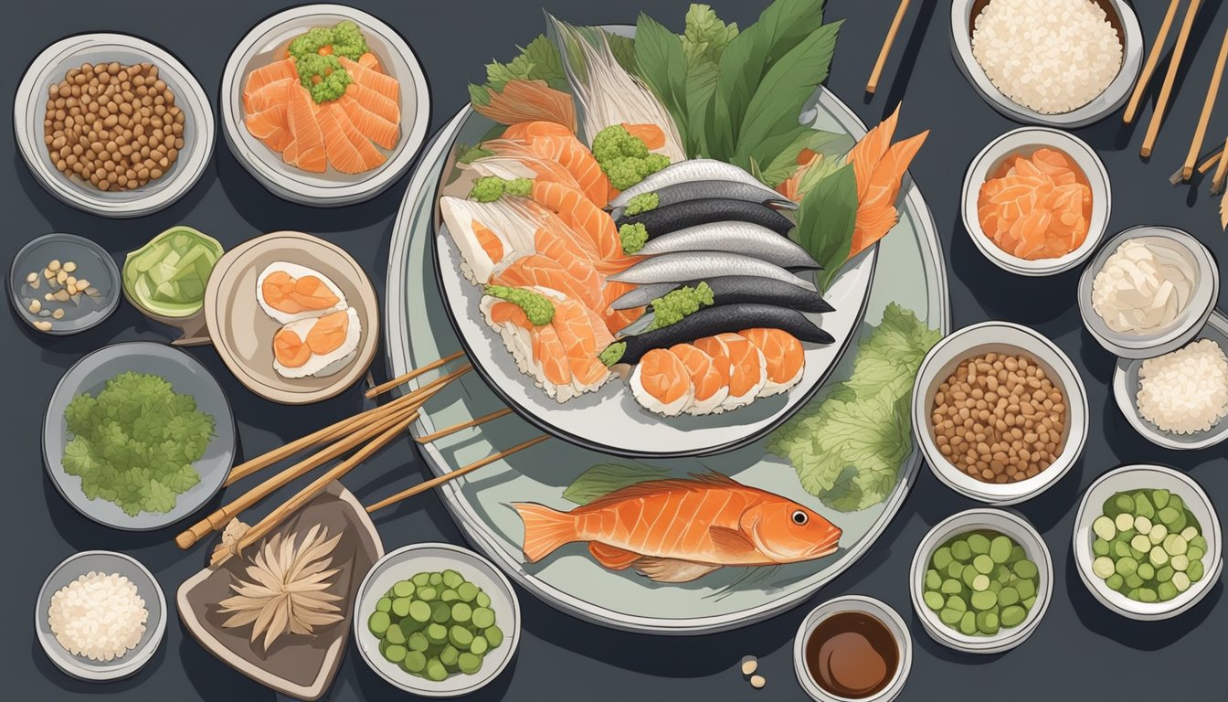 A plate of narezushi with various types of fish, rice, and fermented soybeans, surrounded by small dishes of soy sauce, pickled ginger, and wasabi