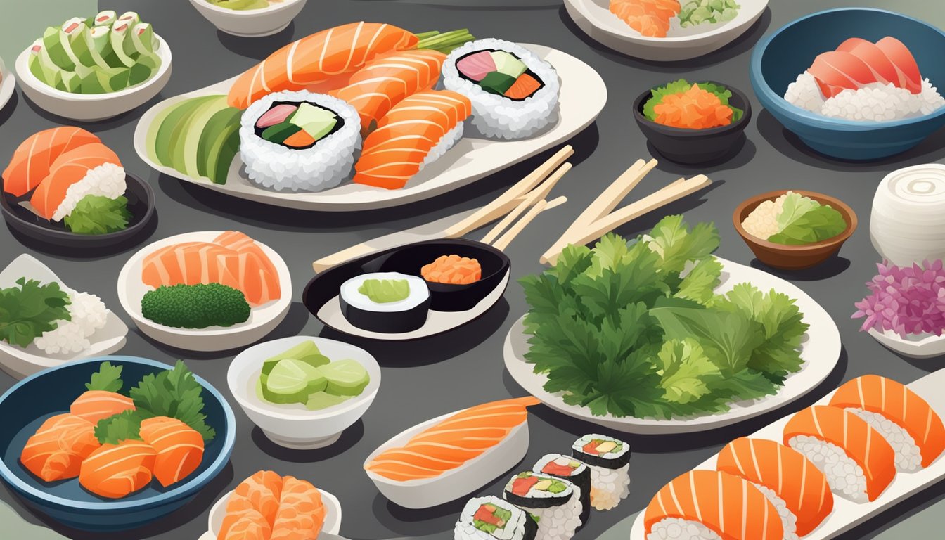 A table set with a variety of fresh, colorful and healthy sushi ingredients, including fish, vegetables, and rice vinegar, with a focus on low-sugar options