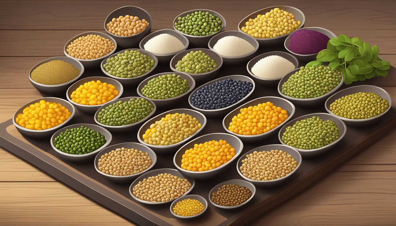 A colorful array of legumes, including mung beans, are arranged on a wooden table. A diabetic-friendly meal is being prepared, highlighting the health benefits of mung beans