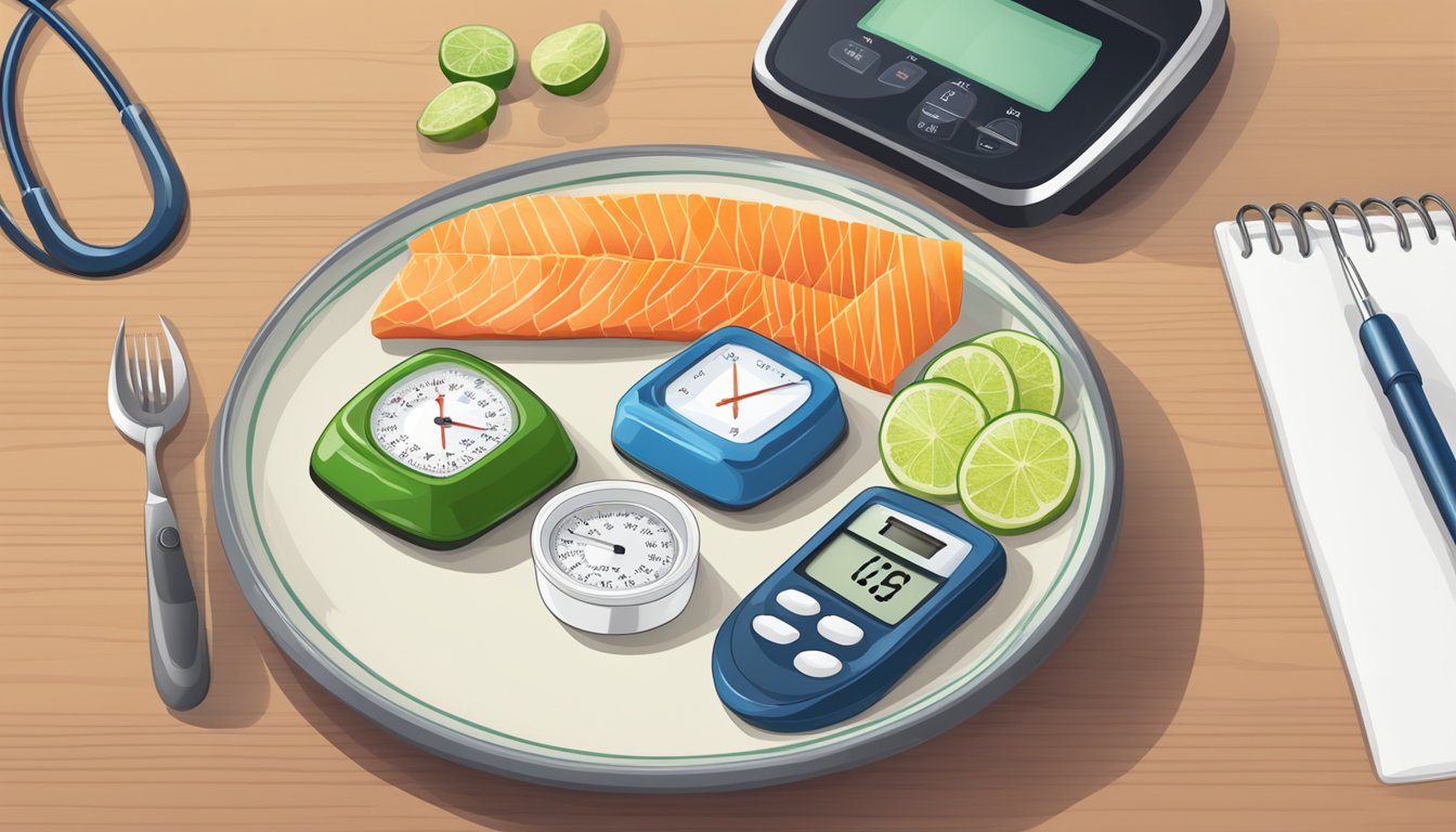 A plate of narezushi and a blood sugar monitor on a table