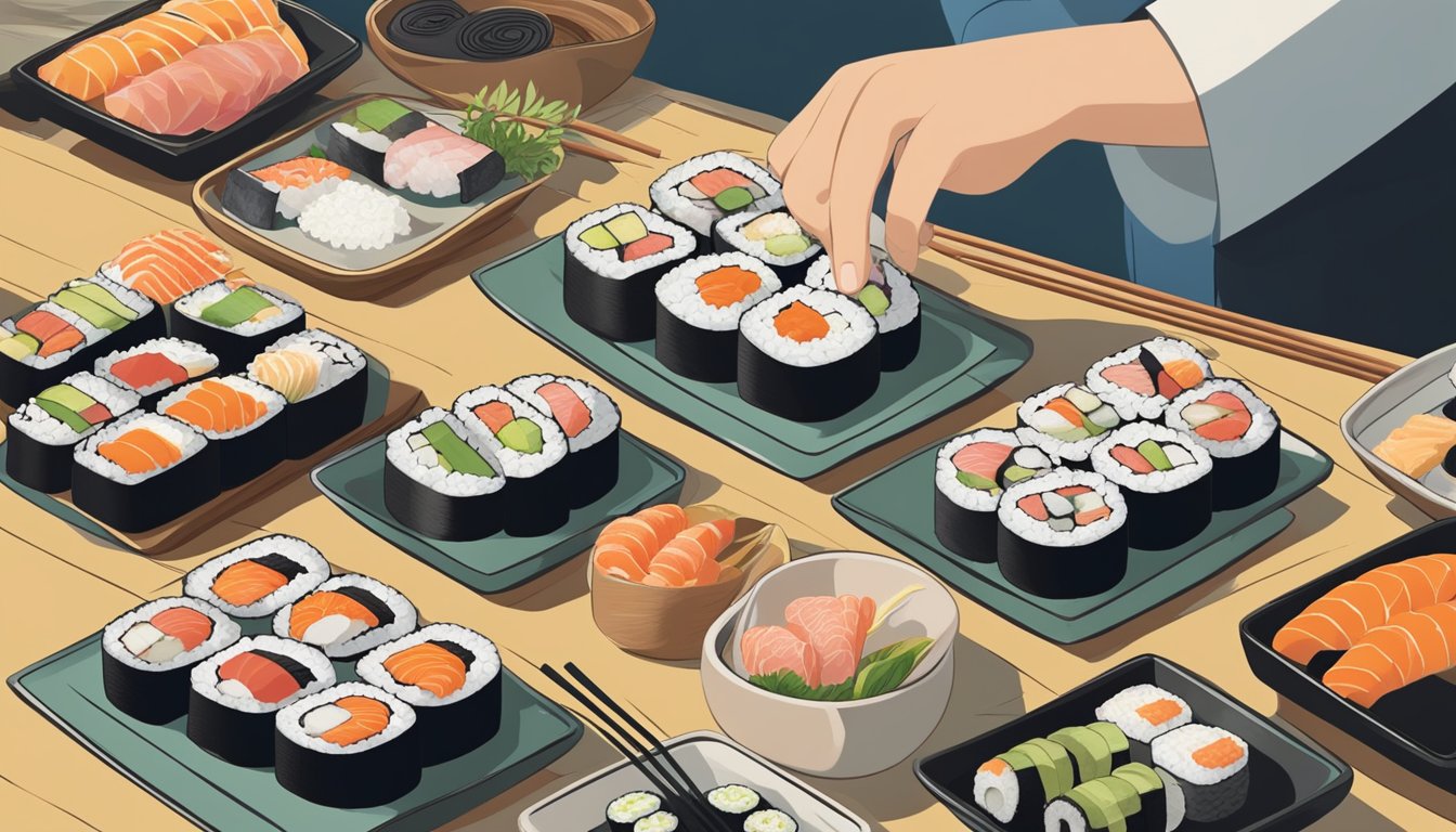 A person carefully selecting different types of sushi, with a focus on traditional narezushi, while considering its suitability for diabetics