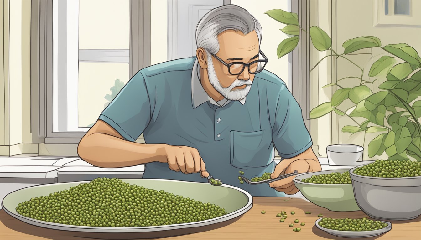 A diabetic person carefully inspecting a bowl of mung beans before eating