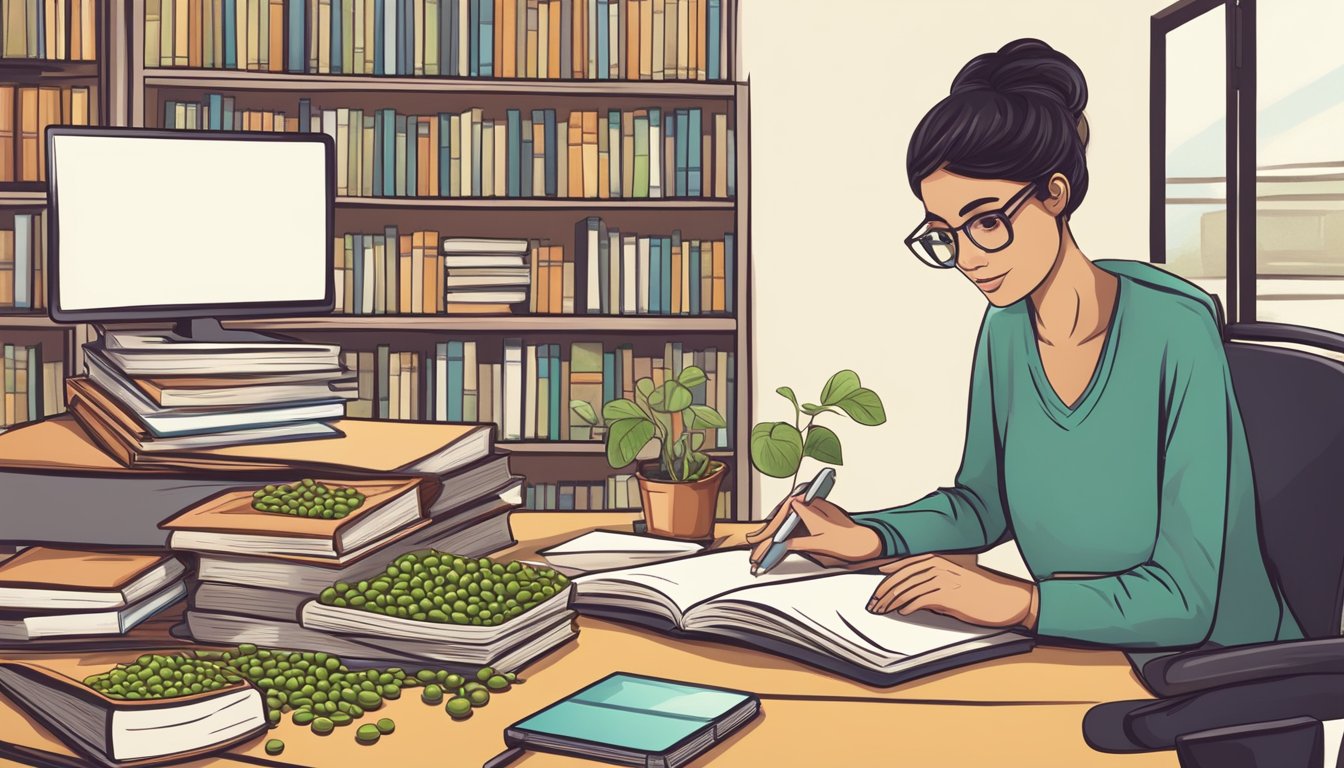 A dietician researching mung beans with a stack of books and a laptop open on a desk