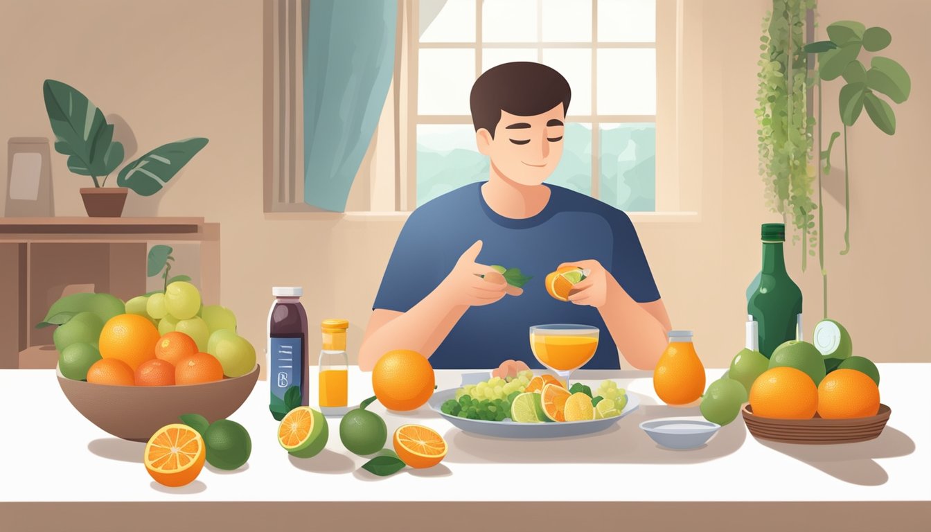 A diabetic person enjoys a meal with a variety of fruits, including oranges and grapefruits, while a bottle of neohesperidin dihydrochalcone sits on the table