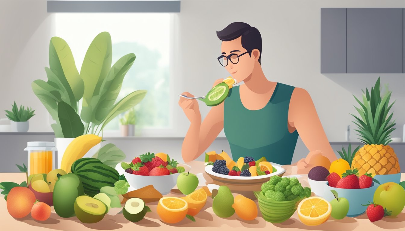 A diabetic person enjoying a meal with fruits containing neohesperidin dihydrochalcone, surrounded by healthy food options