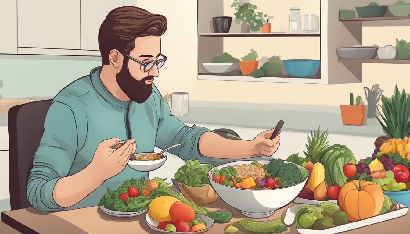 A diabetic person enjoying a bowl of mursik with a variety of healthy food options like fruits, vegetables, and lean protein on the table