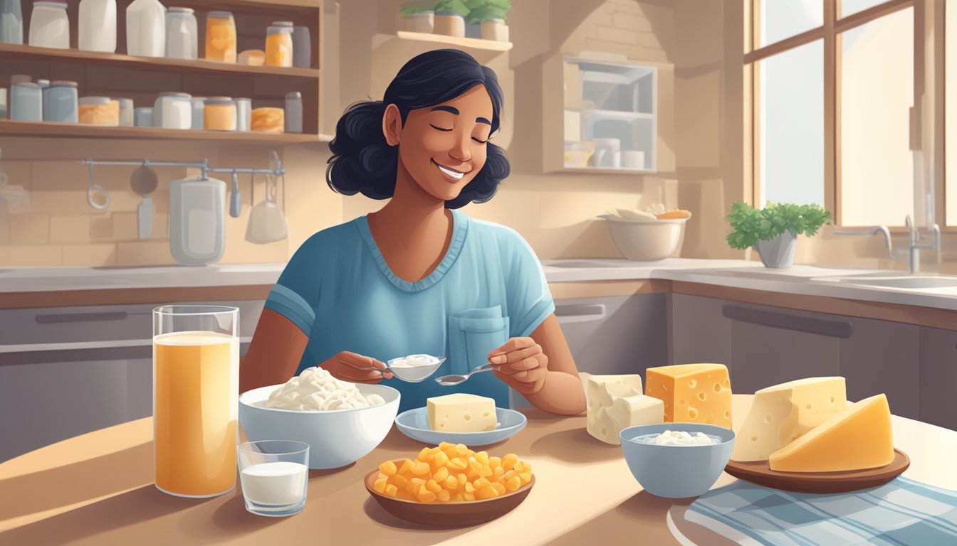 A diabetic person enjoying a bowl of mursik with a glass of water, surrounded by dairy products like milk and cheese