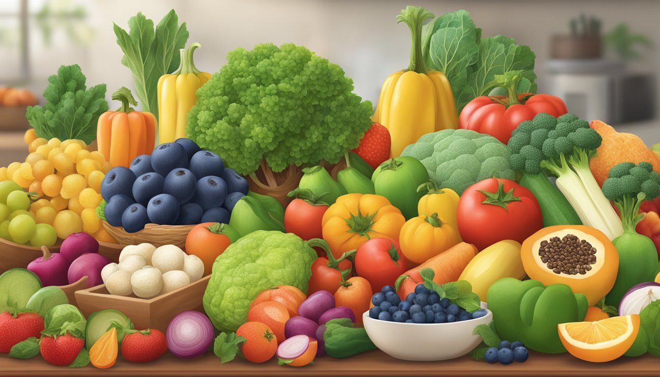 A colorful illustration of various fruits and vegetables arranged on a dining table, with a focus on low-sugar options and a prominent presence of neohesperidin dihydrochalcone-containing foods