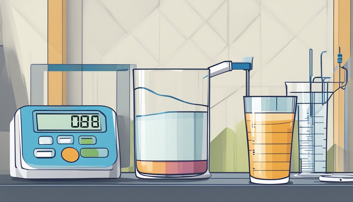 A glass of mursik placed next to a blood sugar monitor and a chart showing fluctuating levels