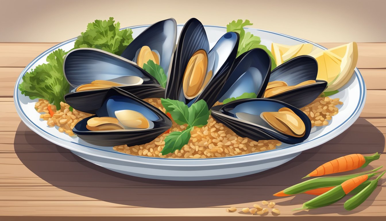 A plate of steamed mussels surrounded by a variety of colorful vegetables and whole grains, with a nutritional information label in the background