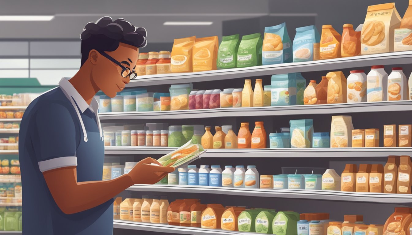 A person with diabetes carefully reading nutrition labels on various dairy products at a grocery store