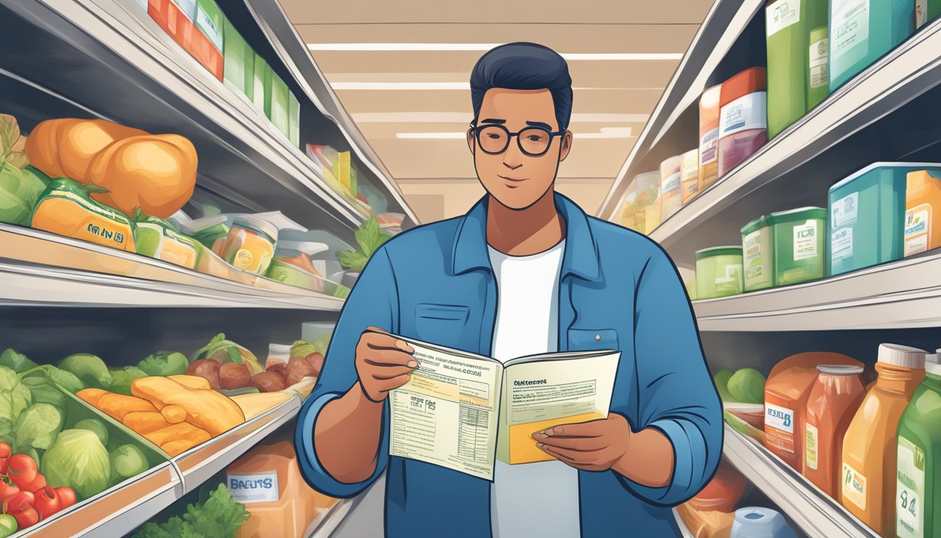 A diabetic person reading a food label with NHDC ingredient and a safety symbol