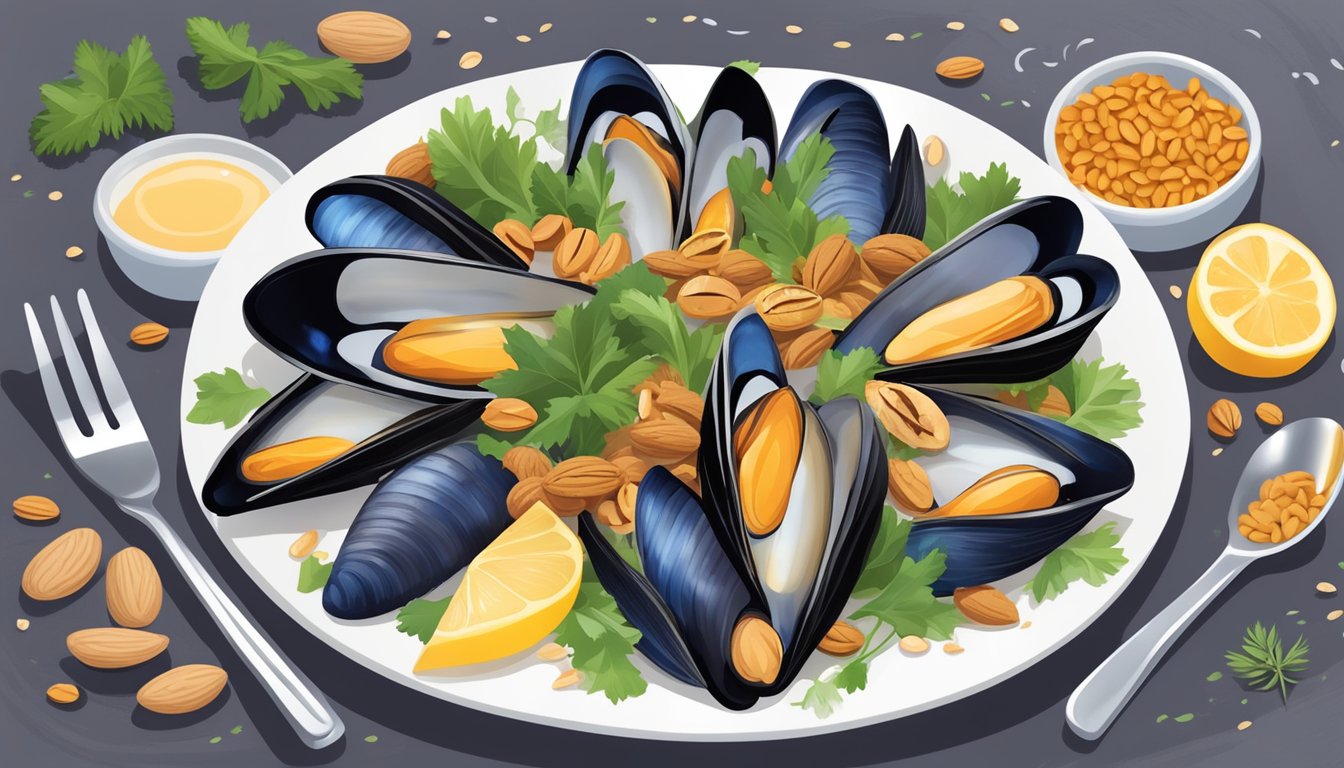 A plate of cooked mussels surrounded by various omega-3 rich foods like fish, walnuts, and flaxseeds, with a diabetes-friendly symbol in the background