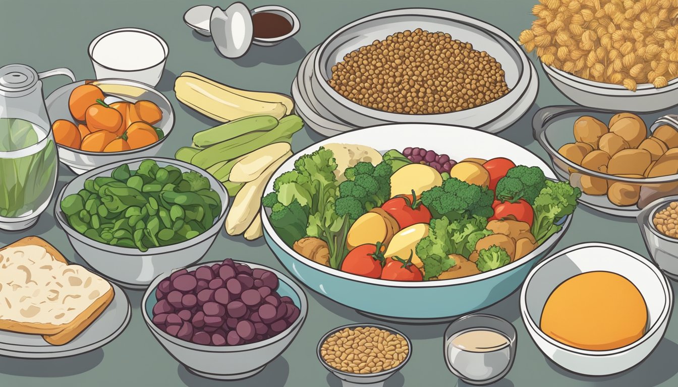 A table set with a bowl of mursik alongside a variety of diabetic-friendly foods like vegetables, lean proteins, and whole grains