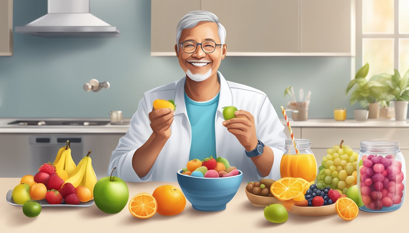 A diabetic person enjoying a variety of fruits and sweet treats containing neohesperidin dihydrochalcone with a smile on their face