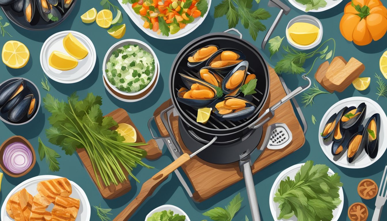 A person grilling mussels on a barbecue, surrounded by various healthy cooking ingredients like vegetables and herbs