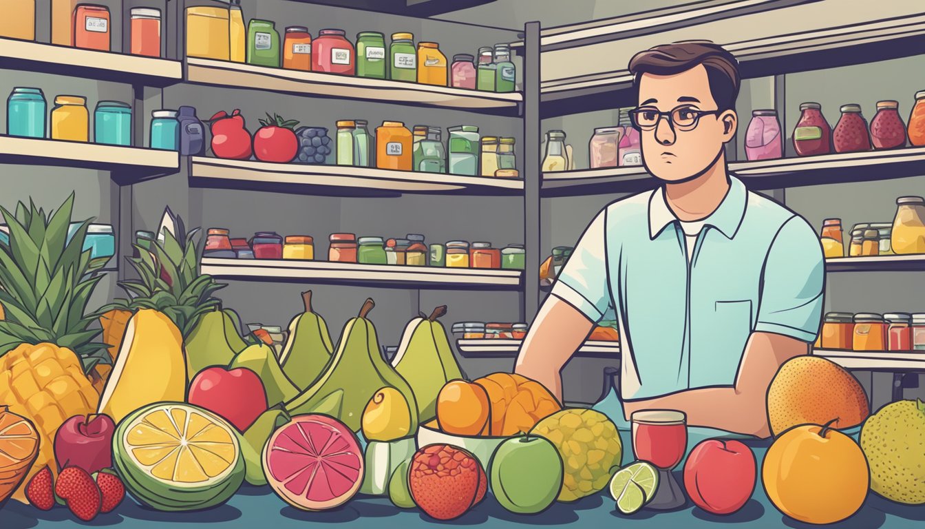 A diabetic person standing in front of a table filled with various fruits and sweetened products, looking confused and concerned