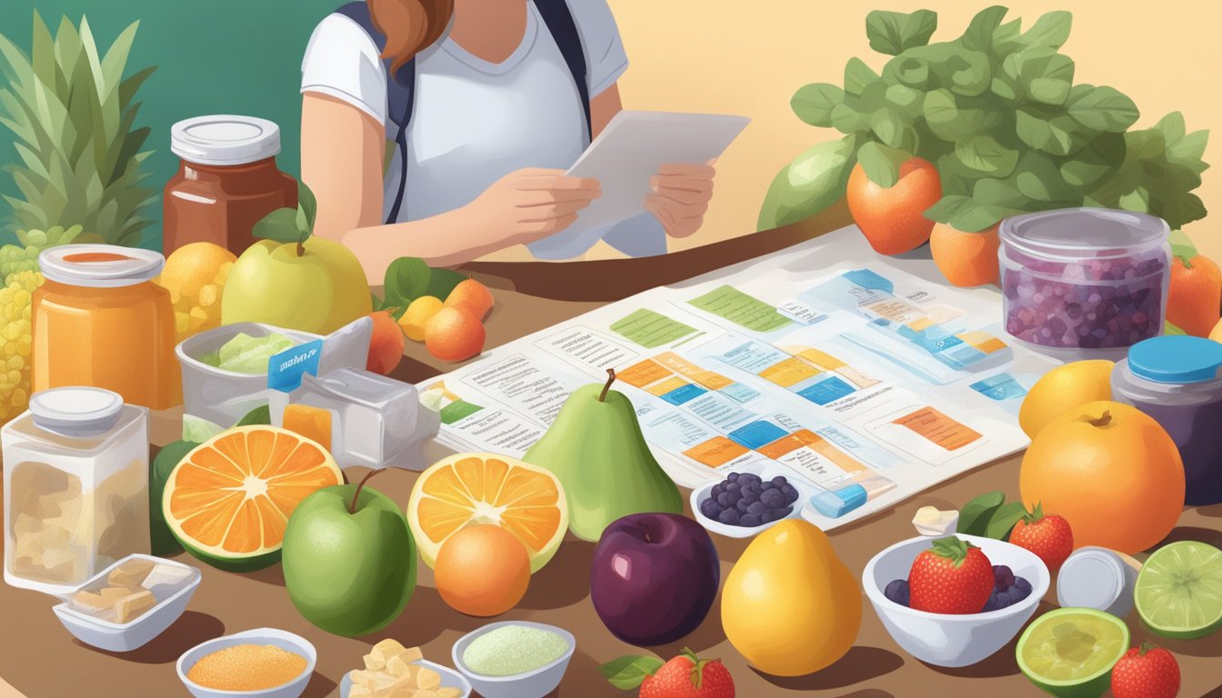 A diabetic person reading food labels with an ingredient list, surrounded by various fruits and sweeteners