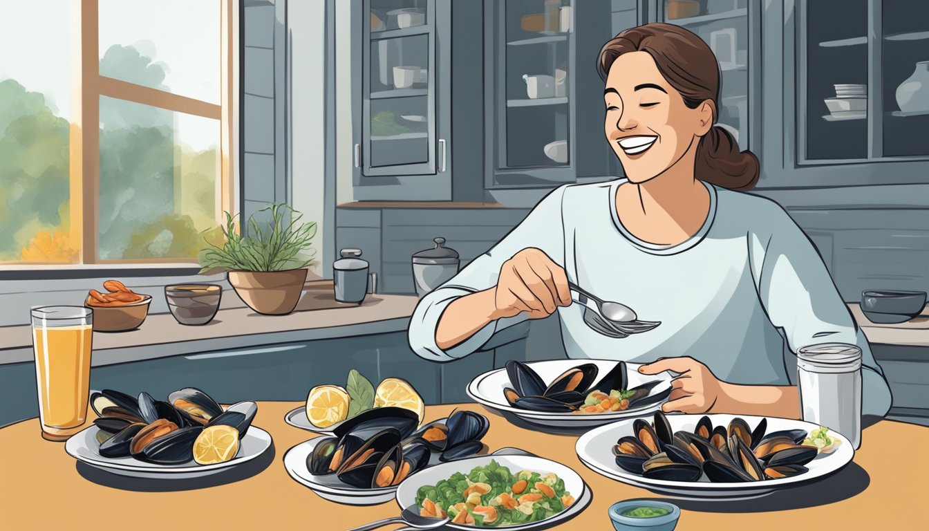 A diabetic person happily eating a plate of mussels with a variety of non-seafood side dishes, indicating that they can indeed enjoy mussels as part of their diet