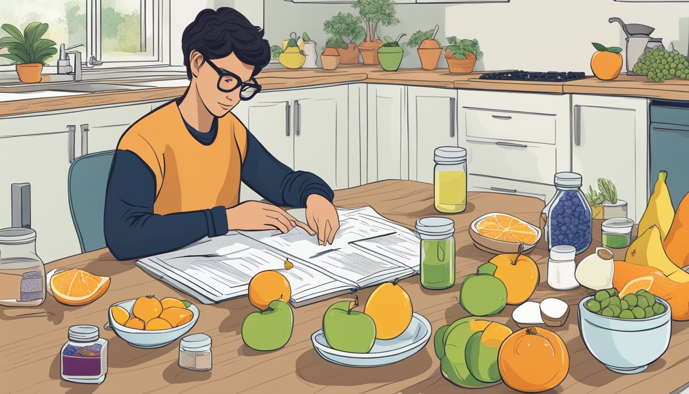 A diabetic person sitting at a kitchen table, surrounded by various fruits and sweeteners, while reading a research paper titled "Future Research Directions: Can Diabetics Eat Neohesperidin Dihydrochalcone?"