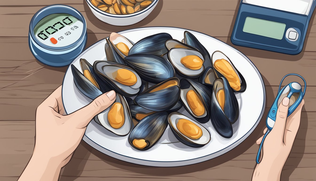 A diabetic's hand holding a blood glucose monitor next to a plate of mussels and a chart showing blood sugar levels