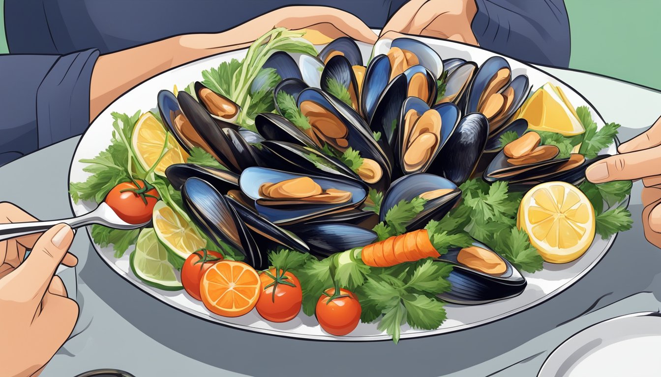 A diabetic person enjoying a plate of mussels, with a variety of colorful vegetables and herbs arranged around the dish