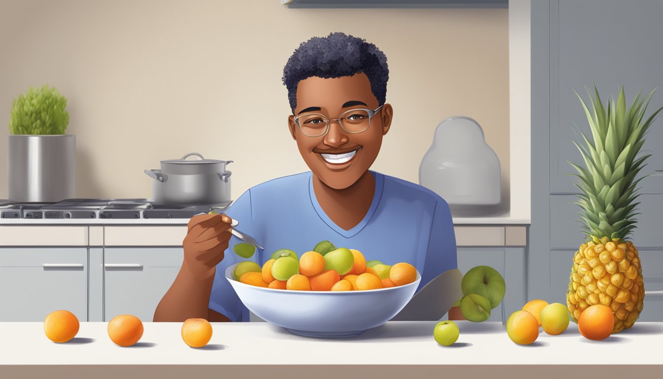 A diabetic person enjoying a bowl of nance fruits with a cautious smile