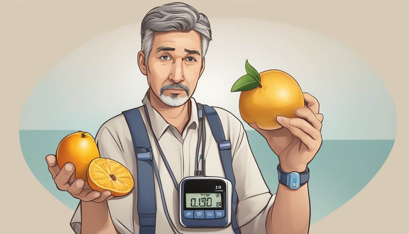 A diabetic person holding a nance fruit in one hand and a blood glucose meter in the other, with a concerned expression on their face