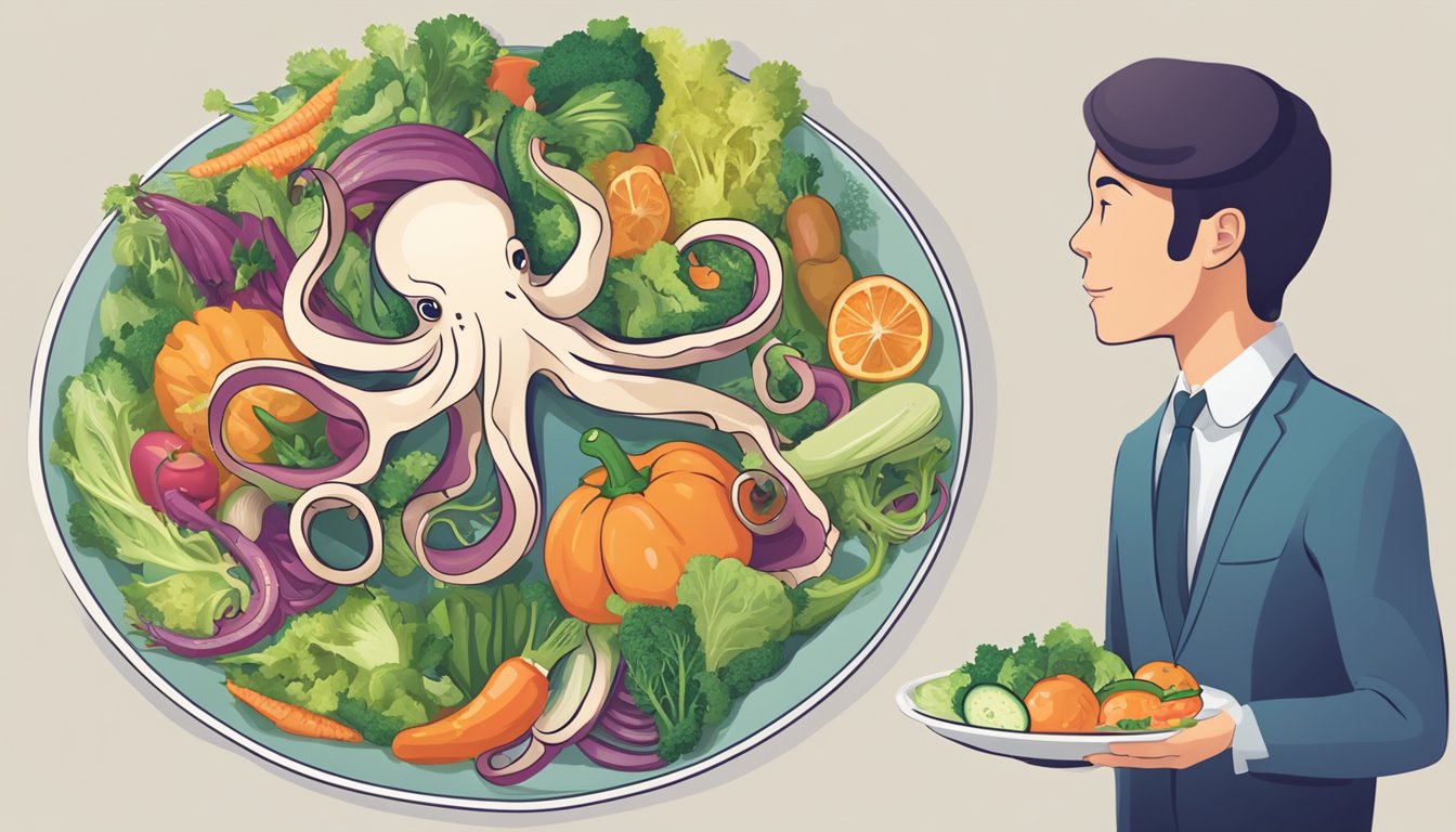 A plate with octopus and various vegetables, a nutrition label, and a person with a question mark above their head