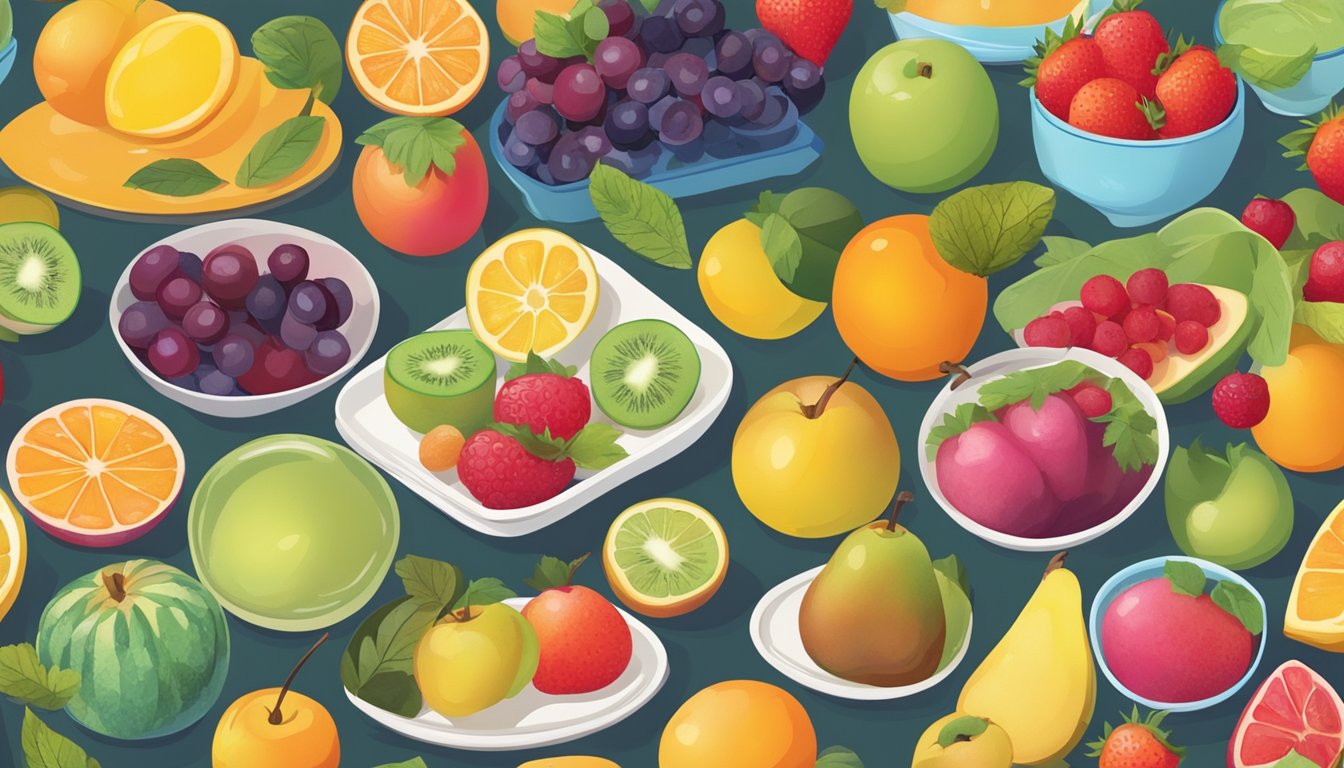 A colorful illustration of a variety of fruits, including nance, arranged on a table with a plate of balanced diabetic-friendly meals