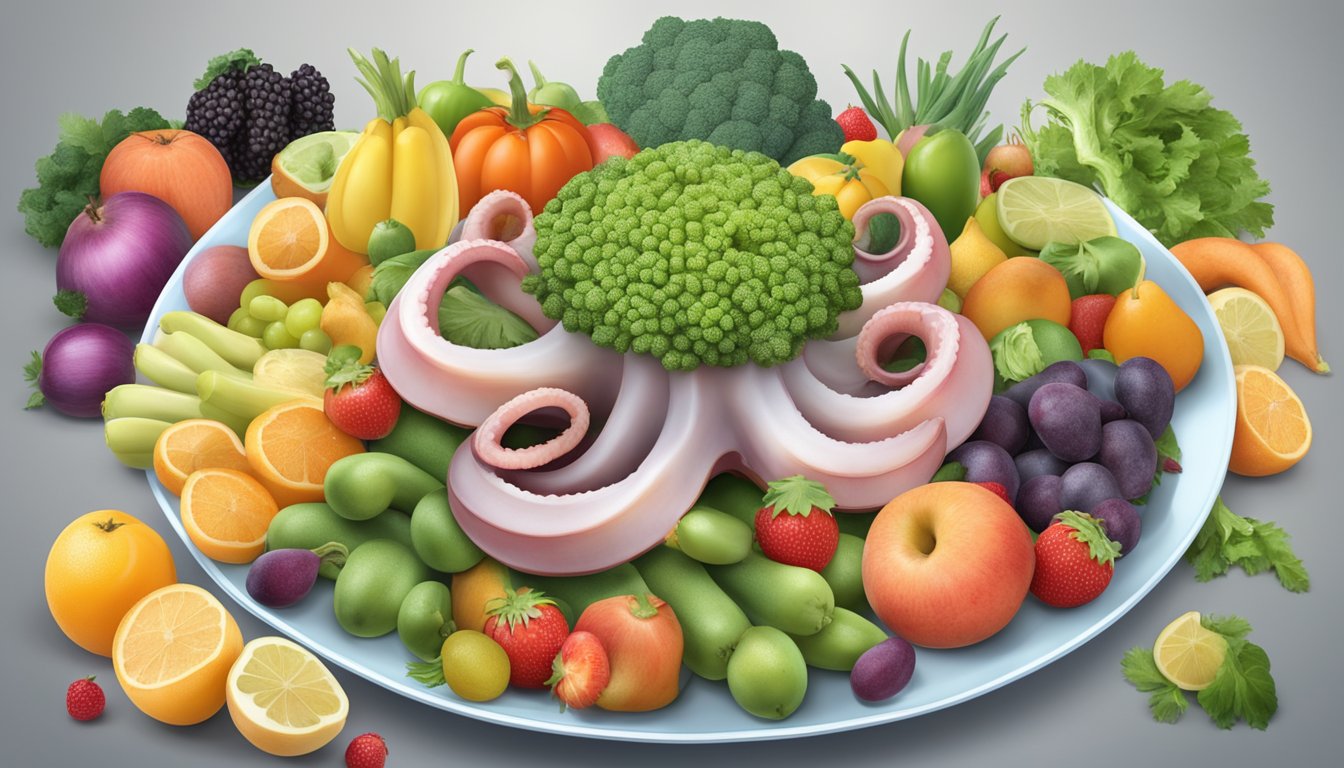 A plate of octopus surrounded by various fruits and vegetables, with a nutritional chart displayed next to it