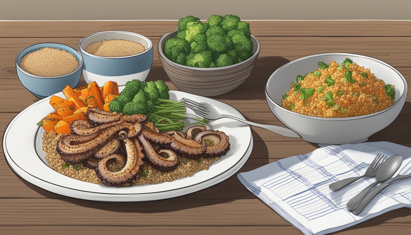 A plate of grilled octopus with a side of steamed vegetables and a small portion of quinoa, set against a backdrop of a diabetes-friendly meal plan chart