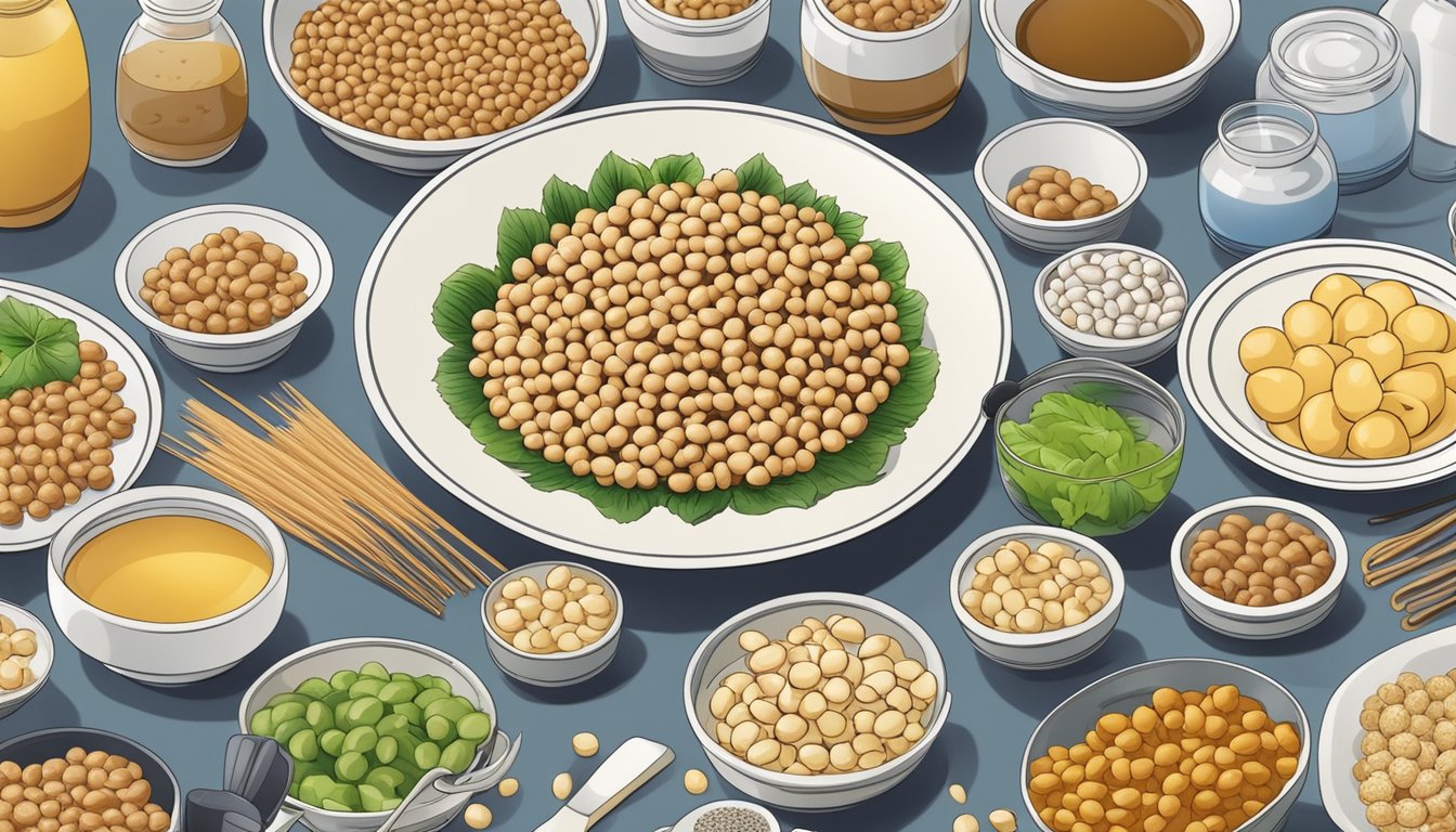 A plate of natto surrounded by various foods, with a diabetic person's medical supplies nearby