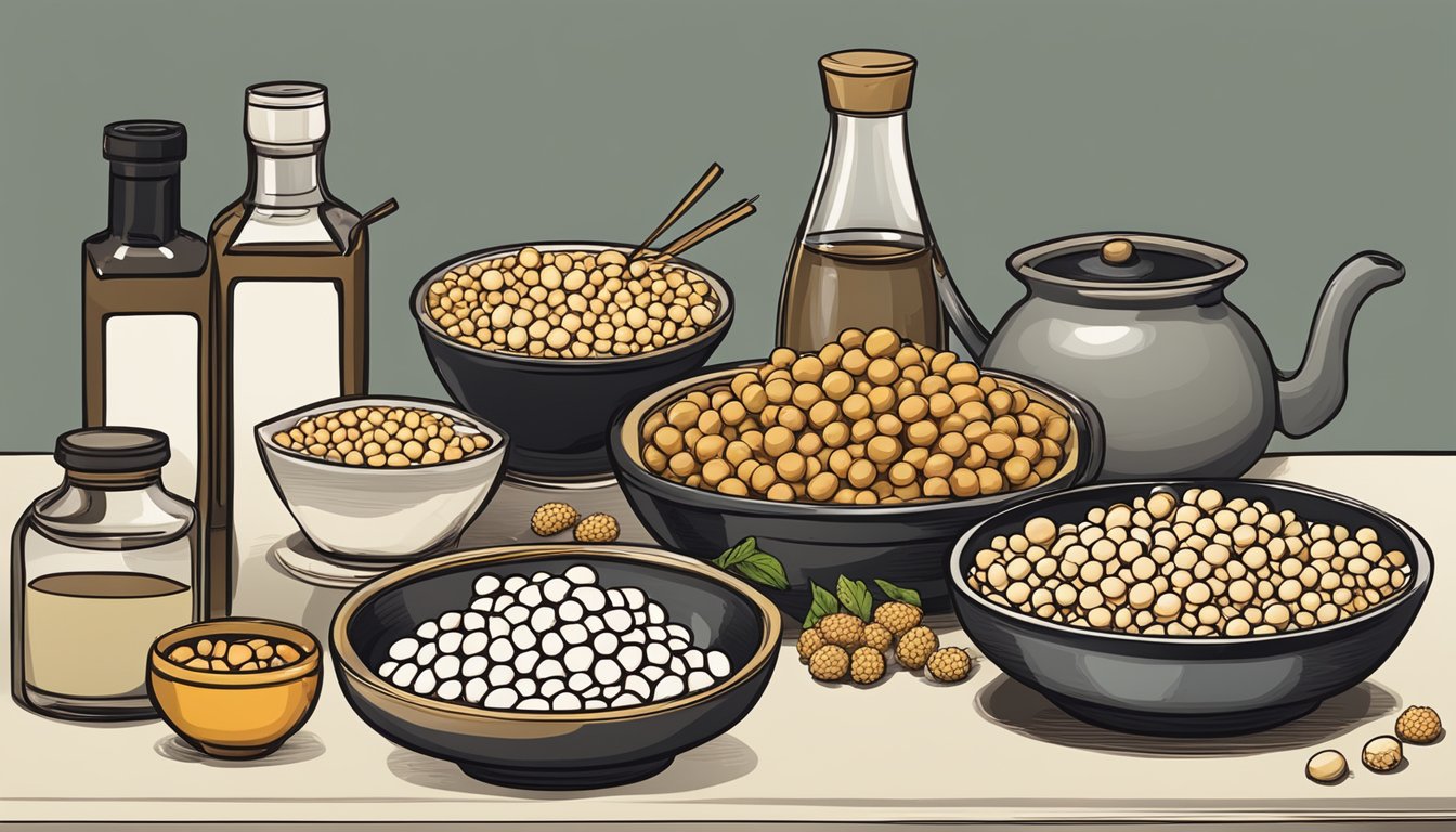 A table with various soy products, including natto, arranged for comparison