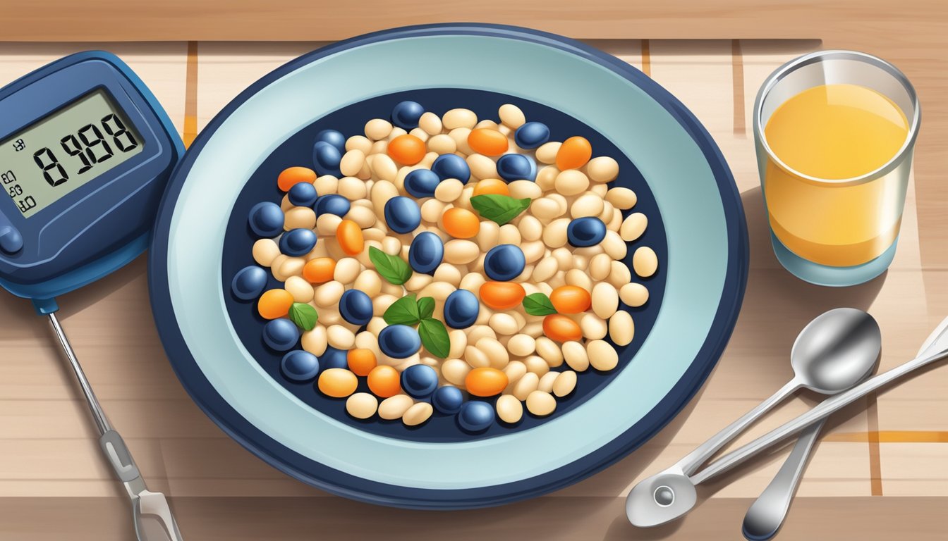 A colorful plate with navy beans, a measuring cup, and a blood glucose monitor on a kitchen counter