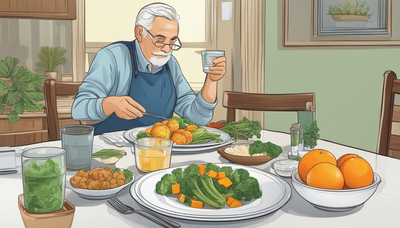 A diabetic person sitting at a dining table, with a plate of cooked orange roughy, a variety of vegetables, and a glass of water