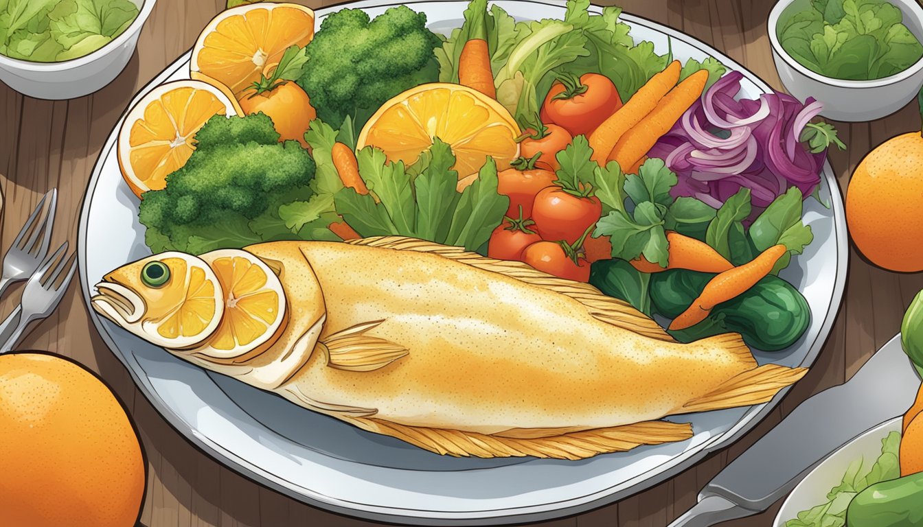 A plate of cooked orange roughy surrounded by colorful vegetables