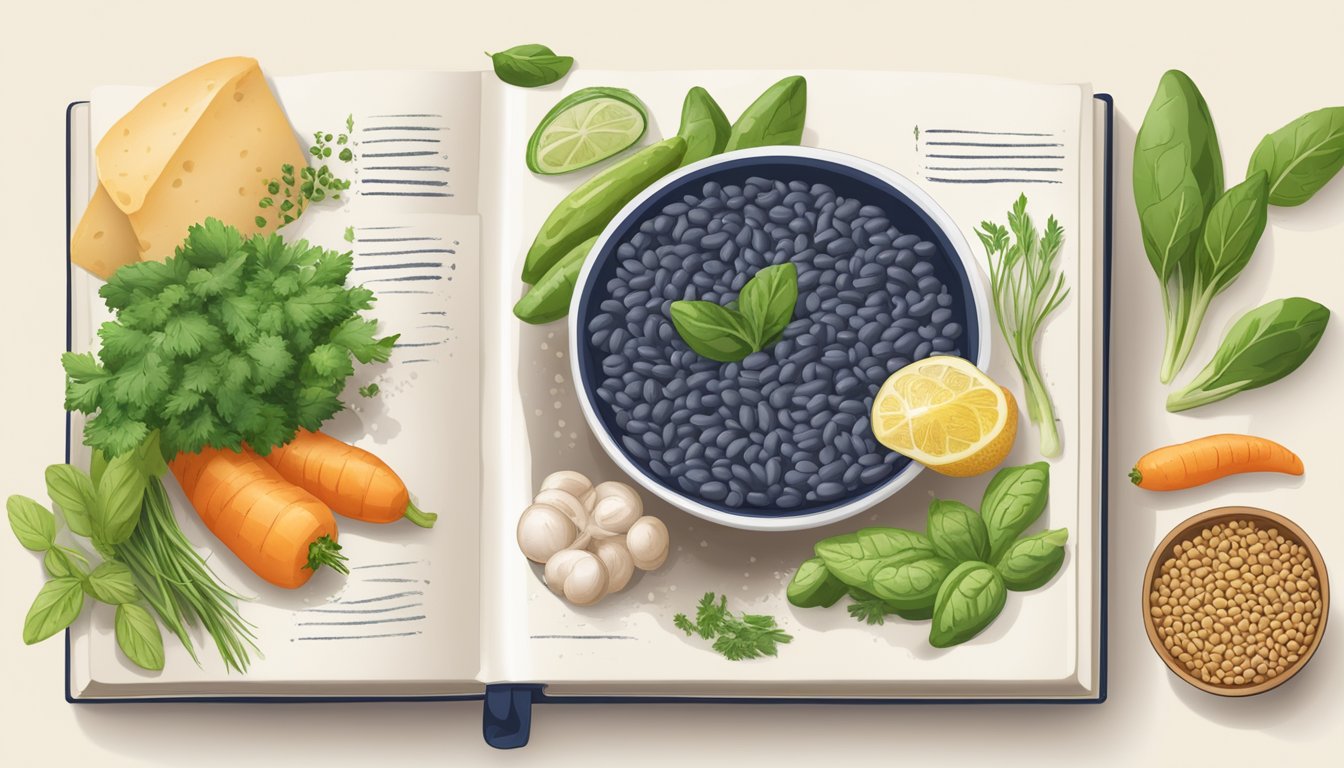 A bowl of navy beans surrounded by fresh vegetables and herbs, with a diabetic-friendly recipe book open to a page on serving ideas