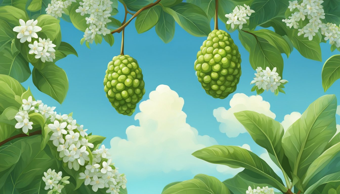 A noni fruit hanging from a tree, surrounded by lush green leaves and small white flowers. A clear blue sky and a gentle breeze complete the scene