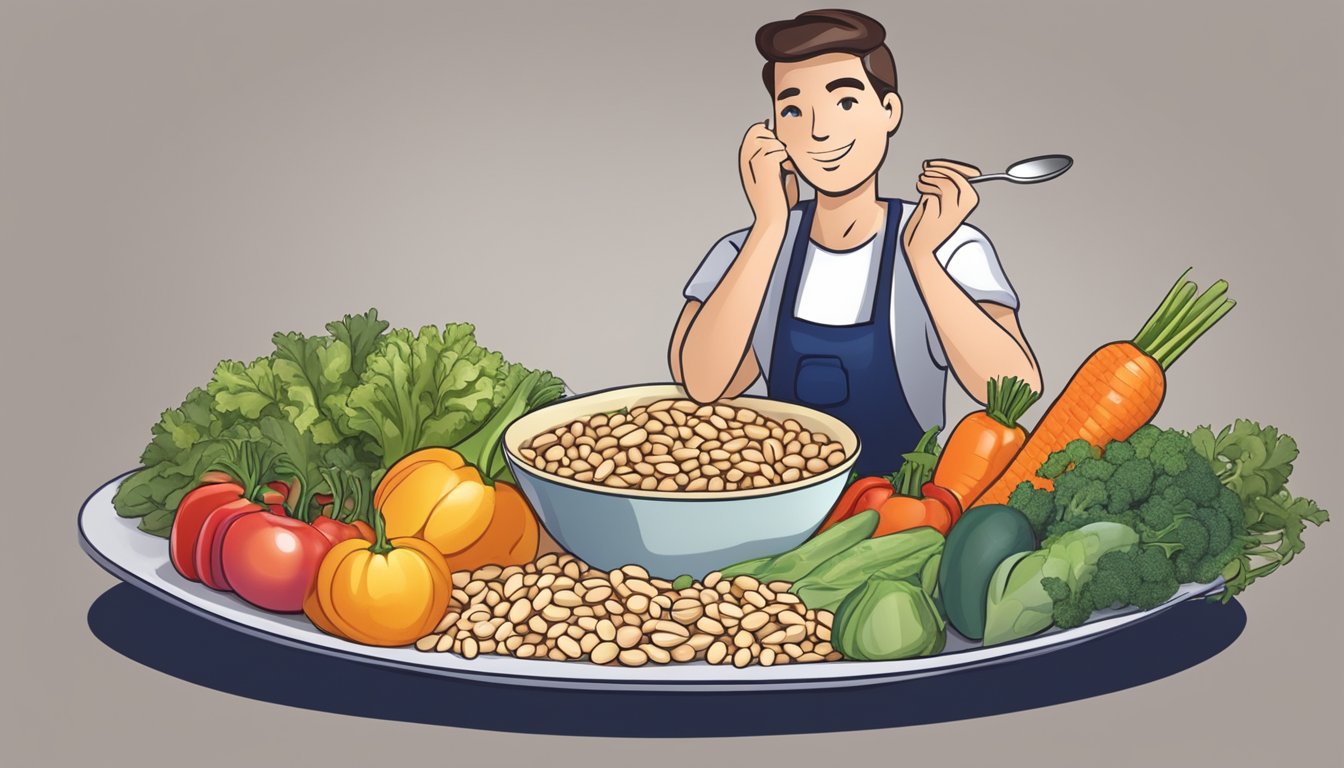 A diabetic person enjoying a bowl of navy beans with a variety of colorful vegetables on a plate