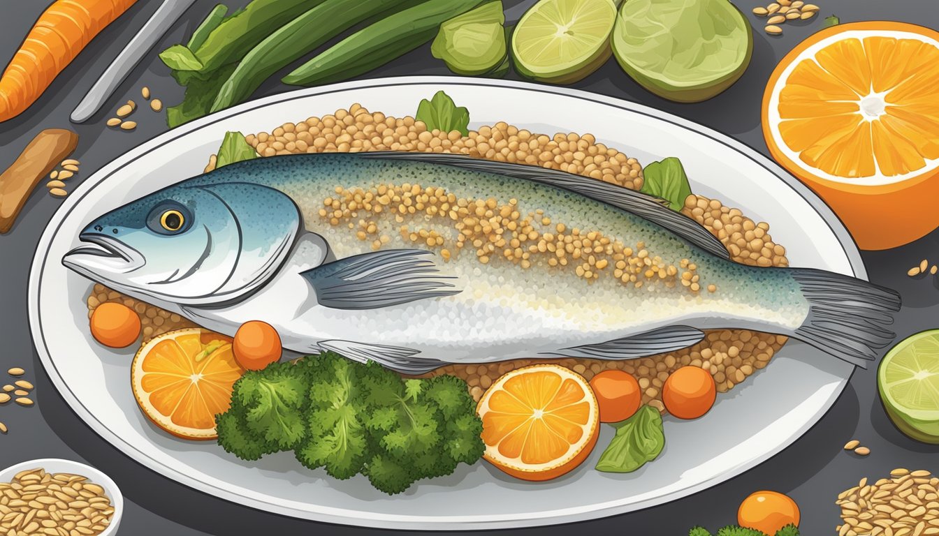 An illustration of a plate with orange roughy, accompanied by a variety of colorful vegetables and whole grains, suitable for a diabetic diet